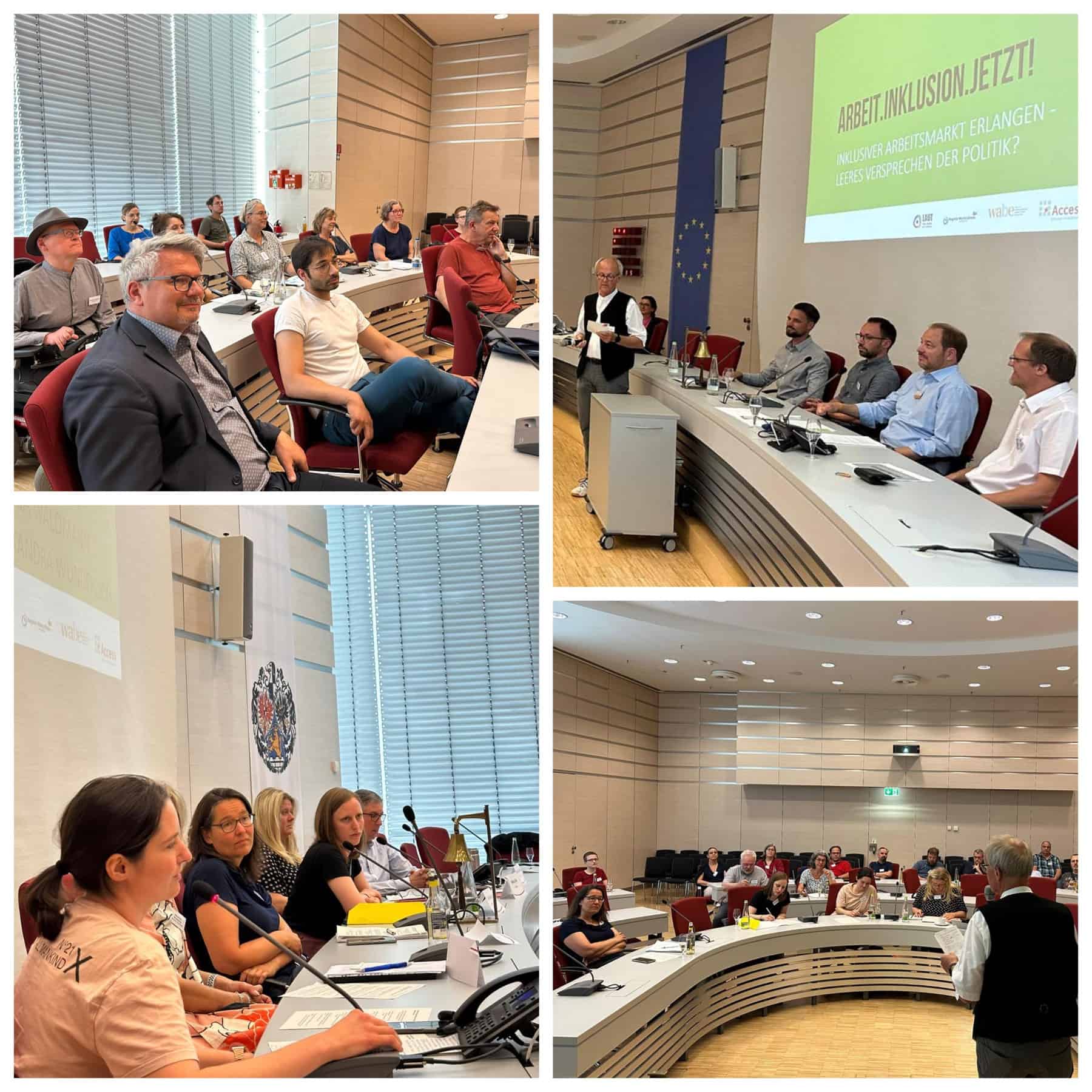 Collage Zeigt 4 Bilder der Veranstaltung mit den Kandidat*innen für die bevorstehende Bezirkstagswahl sowie den Vertreter*innen der Arbeitsgemeinschaft und den Moderator*innen im Erlanger Ratssaal.